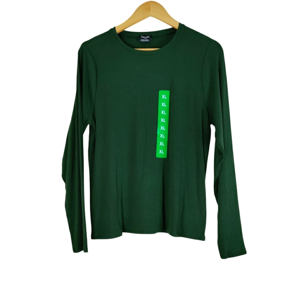 Splendid Crew Neck Long Sleeve Ribbed Knit Green Soft Pullover Tee Top